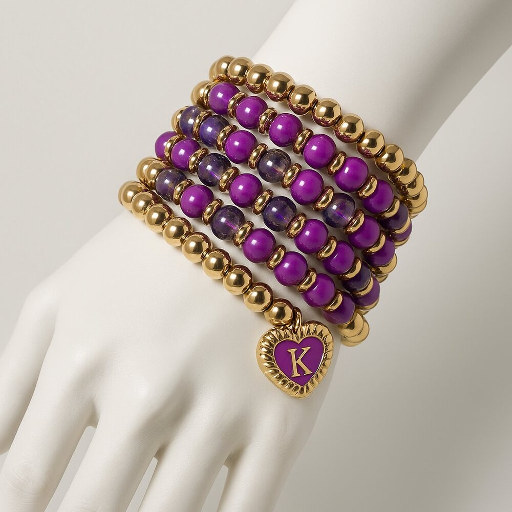 Set of 6 Gold-Tone Stretch Bracelets Colorful Beads & Heart Charm with K Initial